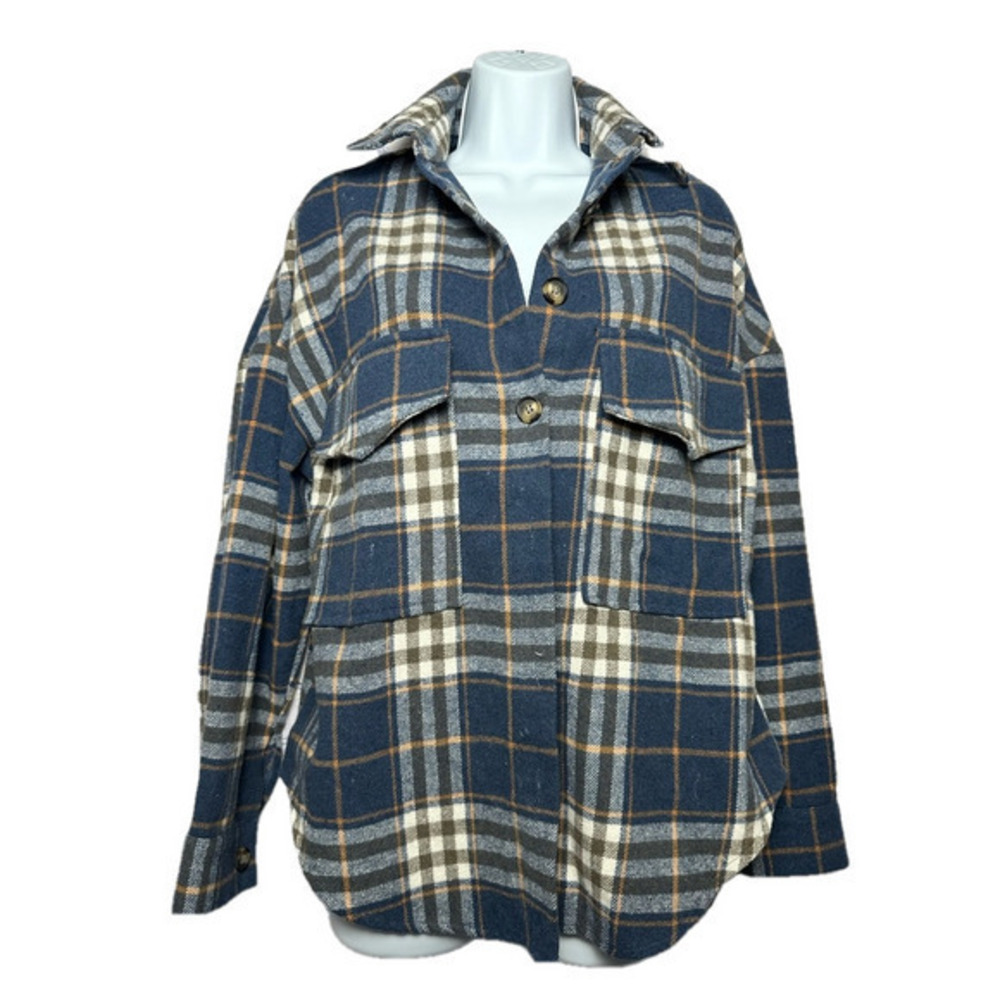 Navy blue/cream/orange super heavy duty button down plaid shirt